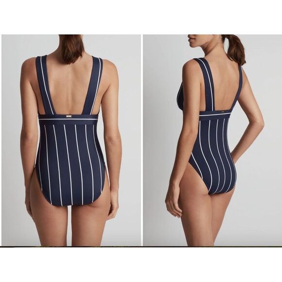 New $155 Lauren Ralph Lauren Banded Modern Plunge Neck One-Piece Swimsuit Sz. 12 - Picture 2 of 7